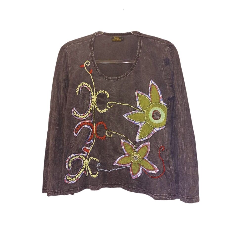 Rising International Black/Gray Embroidered Tunic Size L Boho Wearable Art Cool